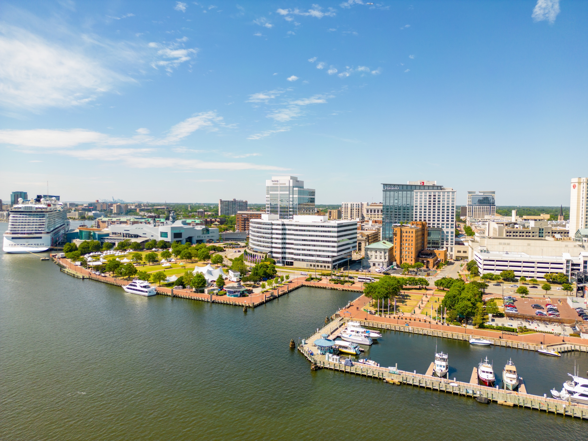 Aerial drone photo of Norfolk VA Waterside District